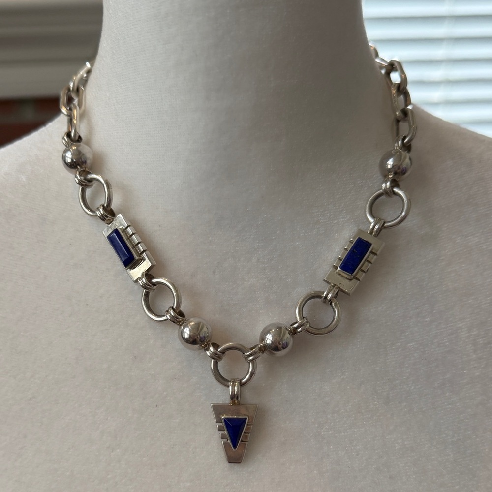 Nusie Sterling silver toggle necklace with lapis lazuli vintage Navajo